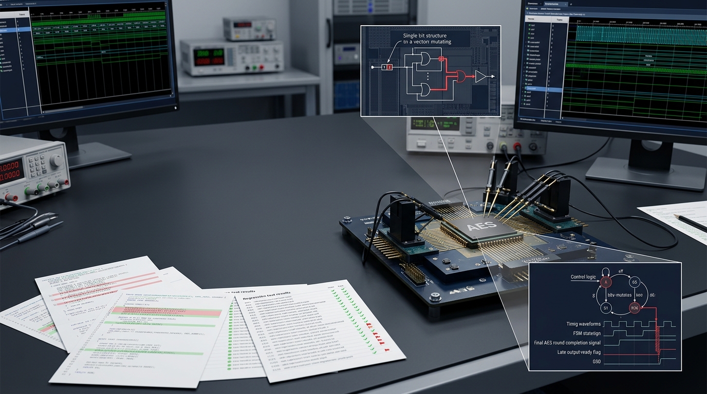 Secure AES silicon block under controlled verification testing with evidence traces.